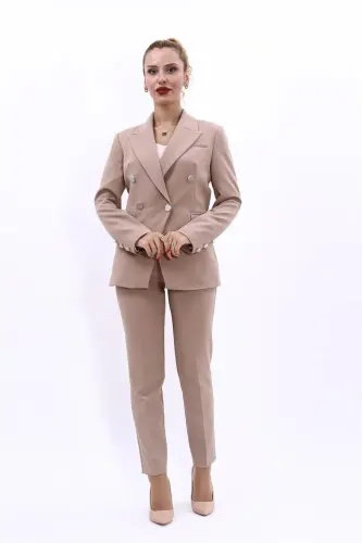 Blazer Jacket & Straight Leg Trouser Set-Stone-Stone - 4