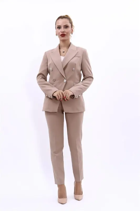 Blazer Jacket & Straight Leg Trouser Set-Stone-Stone - 4
