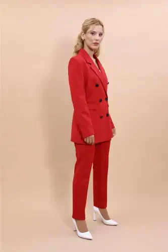 Blazer Jacket & Wide Leg Pants Set - Red - 3