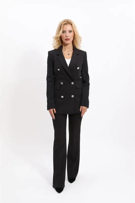 Blazer Jacket & Wide Leg Pants Suit - Black - 5