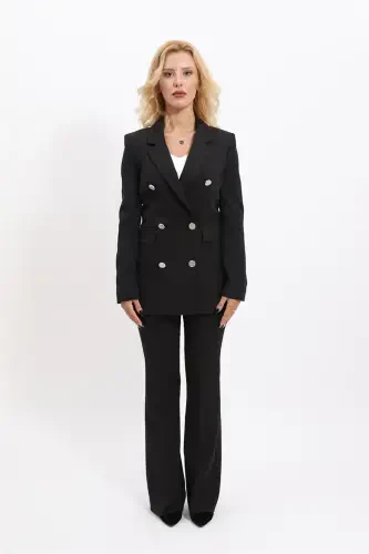 Blazer Jacket & Wide Leg Pants Suit - Black - 4