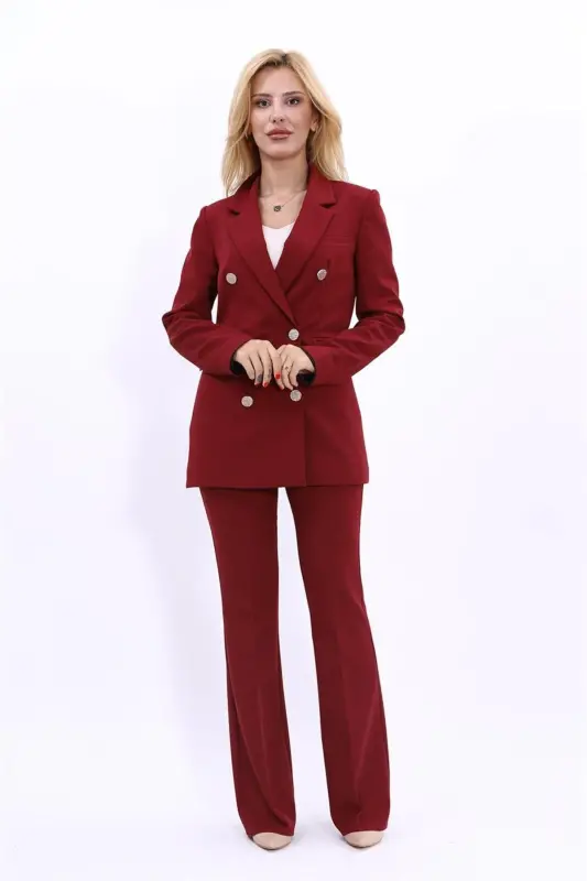 Blazer Jacket & Wide Leg Pants Suit - Burgundy - 5