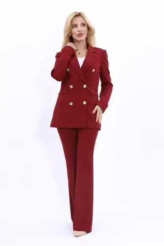 Blazer Jacket & Wide Leg Pants Suit - Burgundy - 1