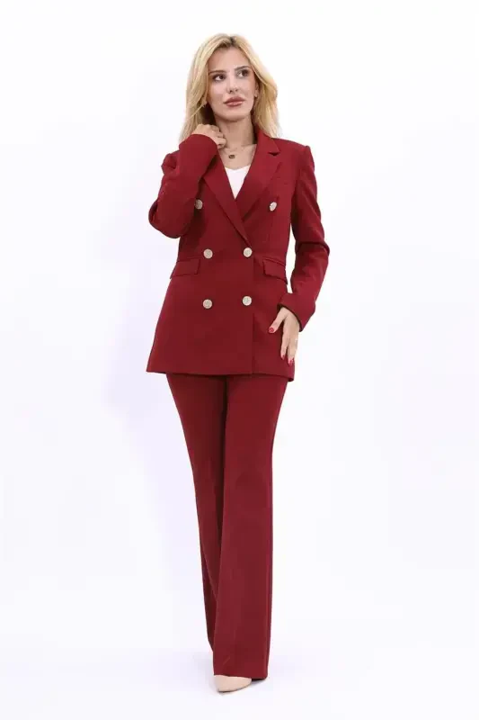 Blazer Jacket & Wide Leg Pants Suit - Burgundy - ÖNDER ÖZSOY