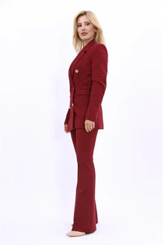 Blazer Jacket & Wide Leg Pants Suit - Burgundy - 2