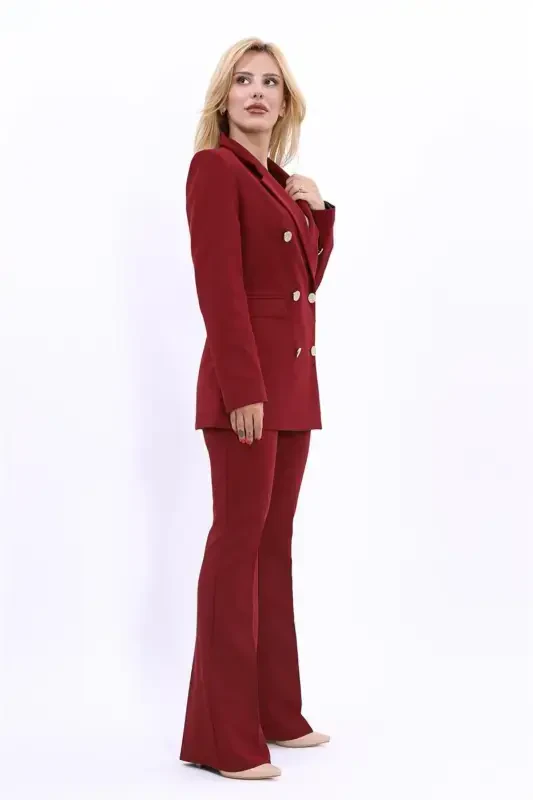 Blazer Jacket & Wide Leg Pants Suit - Burgundy - 3