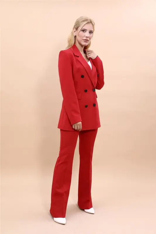 Blazer Jacket & Wide Leg Pants Suit - Red - 2