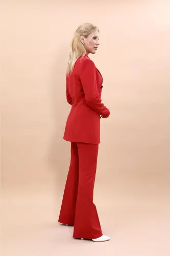 Blazer Jacket & Wide Leg Pants Suit - Red - 3