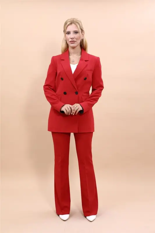 Blazer Jacket & Wide Leg Pants Suit - Red - 4