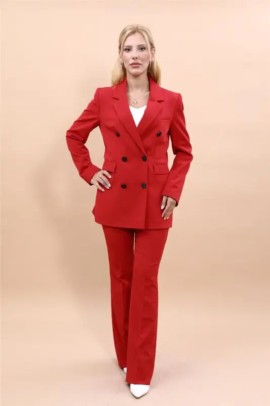 Blazer Jacket & Wide Leg Pants Suit - Red - 5