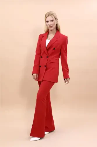 Blazer Jacket & Wide Leg Pants Suit - Red - 1