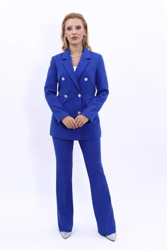 Blazer Jacket & Wide Leg Pants Suit - Teal - 5