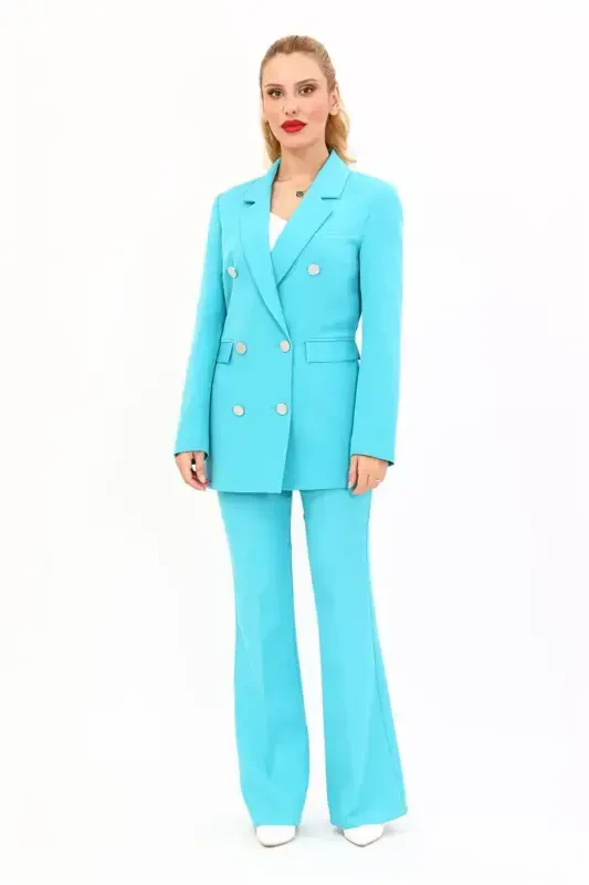 Blazer Jacket & Wide Leg Pants Suit - Turquoise - 1