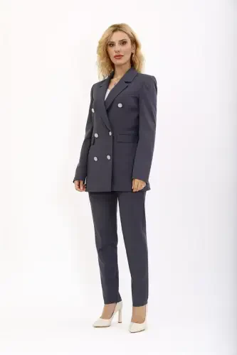 Blazer Jacket & Wide Leg Trousers Suit - Charcoal - 5