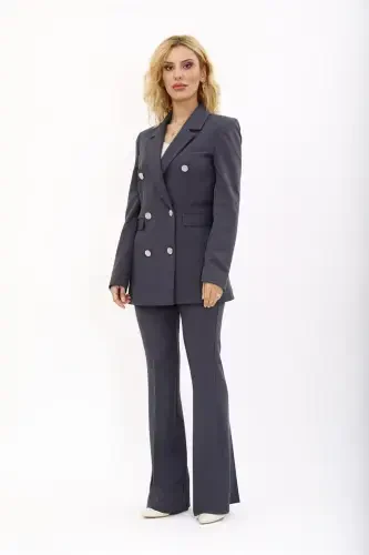 Blazer Jacket & Wide Leg Trousers Suit - Smoke - 5