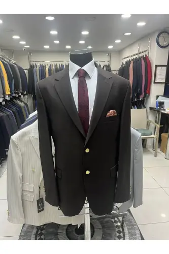 Blazer Metal Düğme Erkek Ceket-Kahverengi - 4