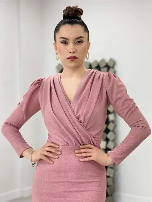 Блестящая Ручка Платье - ПУДРА - 3