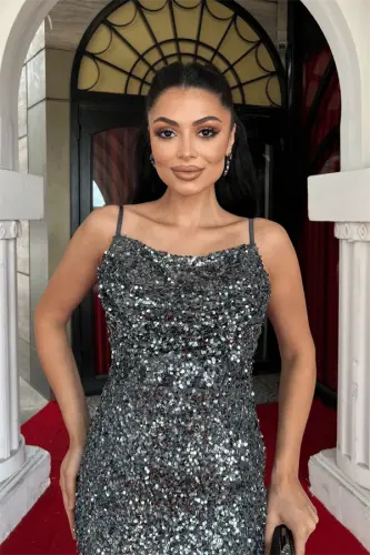 Блестящая Ткань Свободный Вырез Платье на Бретельках - АНТРАЦИТ - 3