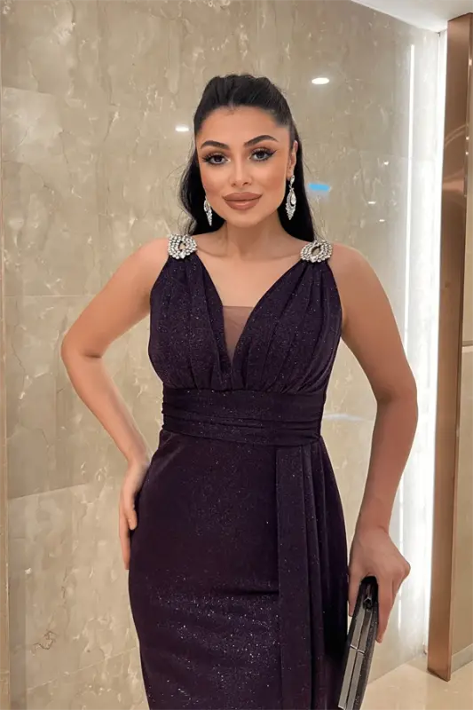 Блестящее вечернее платье с каменной отделкой - БАКЛАЖАНОВЫЙ - 3