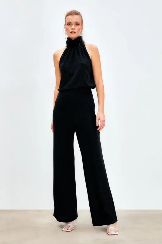 Блестящие брюки-клёш - ЧЕРНЫЙ-ЧЕРНЫЙ - SATEEN