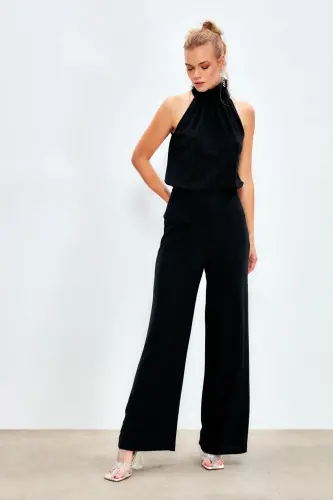 Блестящие брюки-клёш - ЧЕРНЫЙ-ЧЕРНЫЙ - SATEEN (1)