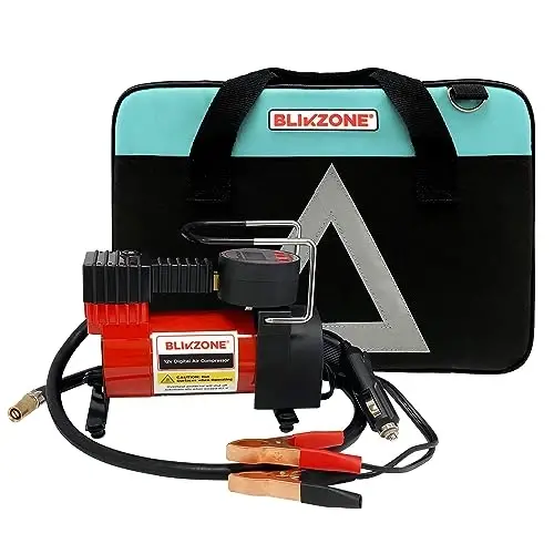 BLIKZONE Emergency Roadside Kit for Car –81-Piece Auto Safety Set with Digital Air Compressor, Jumper Cables, Flat Tire Repair Tools & Compact Storage Bag 