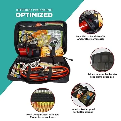 BLIKZONE Emergency Roadside Kit for Car –81-Piece Auto Safety Set with Digital Air Compressor, Jumper Cables, Flat Tire Repair Tools & Compact Storage Bag - 2