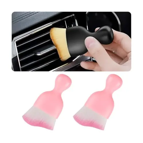 Blilo 2PCS Car Interior Detailing Brush with Dust Cover, Auto Soft Hair Cleaning Brushes, Scratch Free Curved Dirt Collectors, for Vehicle Dashboard Air Conditioner Vents Leather(Pink) 