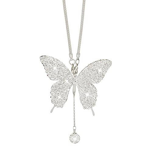 Bling Butterfly Diamond Car Accessories for Women, Crystal Car Rear View Mirror Charms Car Decoration Valentine's Day Gifts Lucky Hanging Interior Ornament Pendant. (Silver) - 1