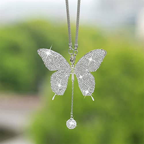 Bling Butterfly Diamond Car Accessories for Women, Crystal Car Rear View Mirror Charms Car Decoration Valentine's Day Gifts Lucky Hanging Interior Ornament Pendant. (Silver) - 2