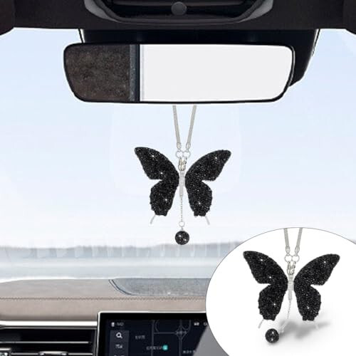 Bling Butterfly Diamond Car Hanging Accessories, Crystal Car Rear View Mirror Charms Car Decorative Accessories for Women, Lucky Presents Hanging Ornament Pendant Decor for All Cars (Black) - 1