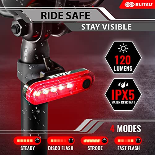 BLITZU 2024 USB-C Rechargeable Bike Tail Light 2 Pack, Cyborg 120T Bright Red LED Bicycle Rear Light, Waterproof Helmet Lights, Cycling Flashlight Safety Reflectors Accessories, Fits Adult, Kids MTB - 2