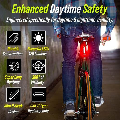 BLITZU 2024 USB-C Rechargeable Bike Tail Light 2 Pack, Cyborg 120T Bright Red LED Bicycle Rear Light, Waterproof Helmet Lights, Cycling Flashlight Safety Reflectors Accessories, Fits Adult, Kids MTB - 5