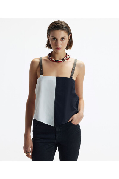 Block Color Leather Strapless Blouse - 1