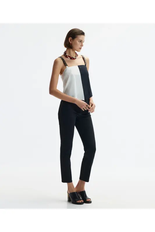 Block Color Leather Strapless Blouse - 1