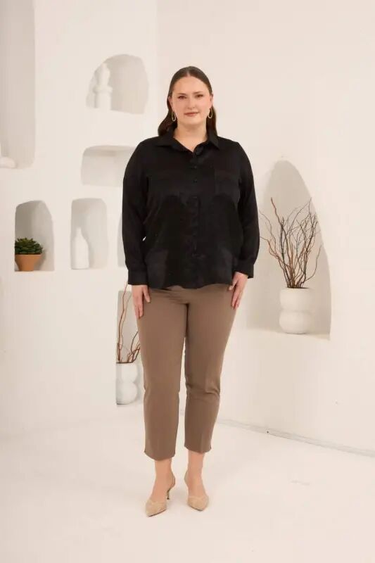 Block Printed Plus Size Effect Satin Shirt Black - 4