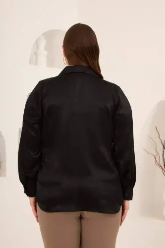 Block Printed Plus Size Effect Satin Shirt Black - 5