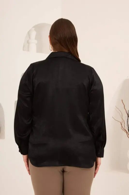 Block Printed Plus Size Effect Satin Shirt Black - 5