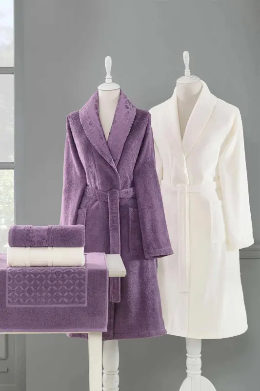 Blossom Happy Family Bathrobe Set - Aubergine Cream - ÖZDILEK