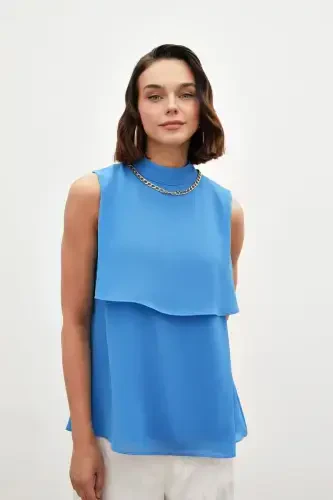 Blouse with Accessory Details and Ruffles - Blue - 1