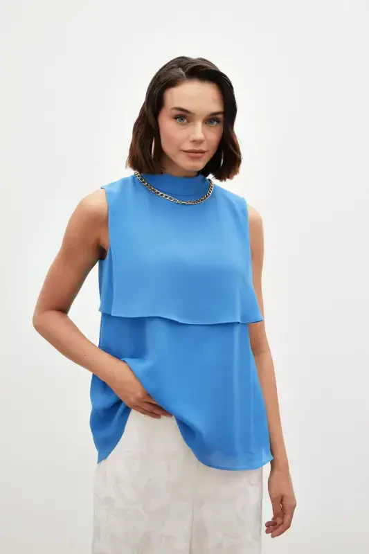 Blouse with Accessory Details and Ruffles - Blue - 2