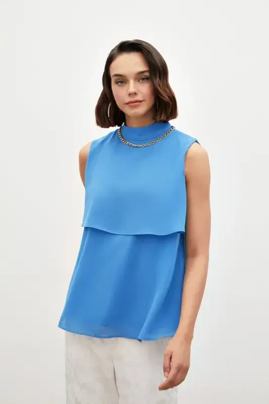 Blouse with Accessory Details and Ruffles - Blue - 3