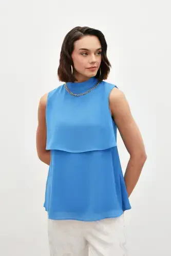 Blouse with Accessory Details and Ruffles - Blue - 4