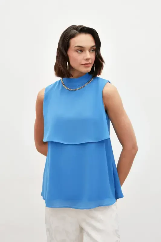 Blouse with Accessory Details and Ruffles - Blue - 4