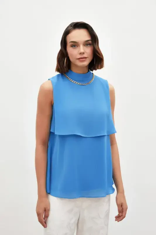 Blouse with Accessory Details and Ruffles - Blue - 5