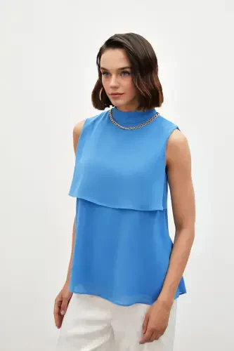 Blouse with Accessory Details and Ruffles - Blue - 6
