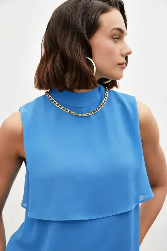 Blouse with Accessory Details and Ruffles - Blue - 7