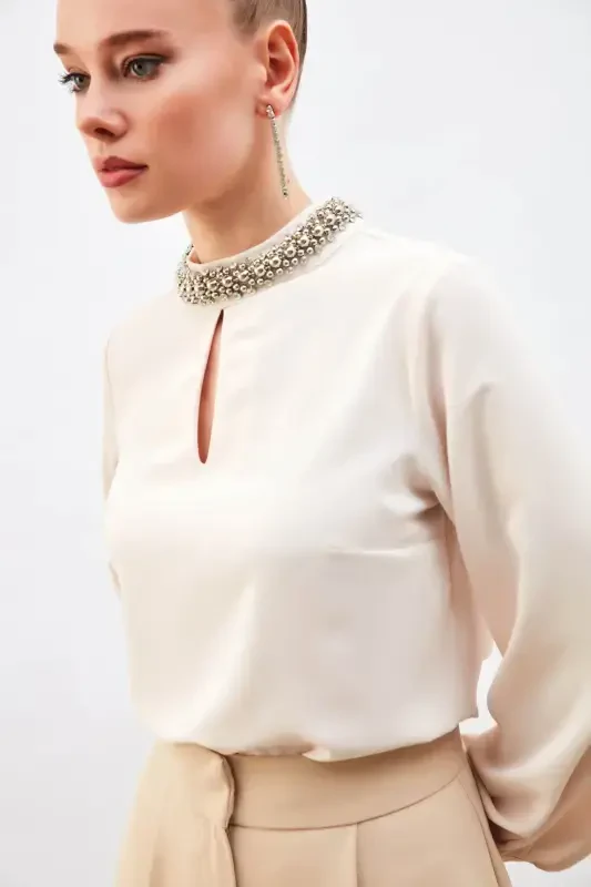 Blouse with Collar Accessory - Beige - 3