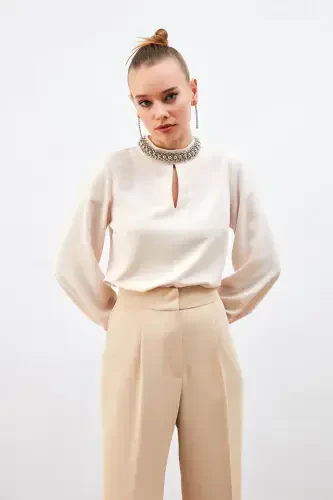 Blouse with Collar Accessory - Beige - 4