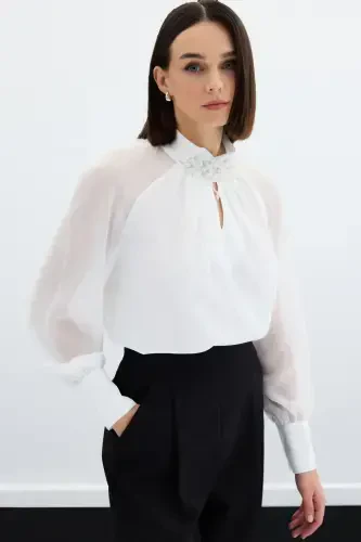 Blouse with Collar Accessory - ECRU - 3
